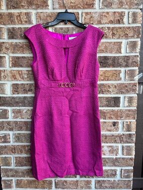 Trina Turk raspberry pink Sheath career wear Dress with Gold Accent